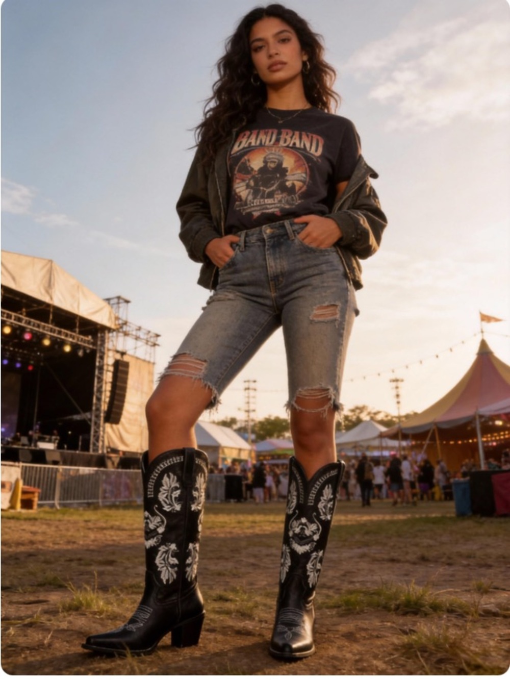 Cowboy Boots western festival NEW IN BOX black white Floral Embroidered Sz 8